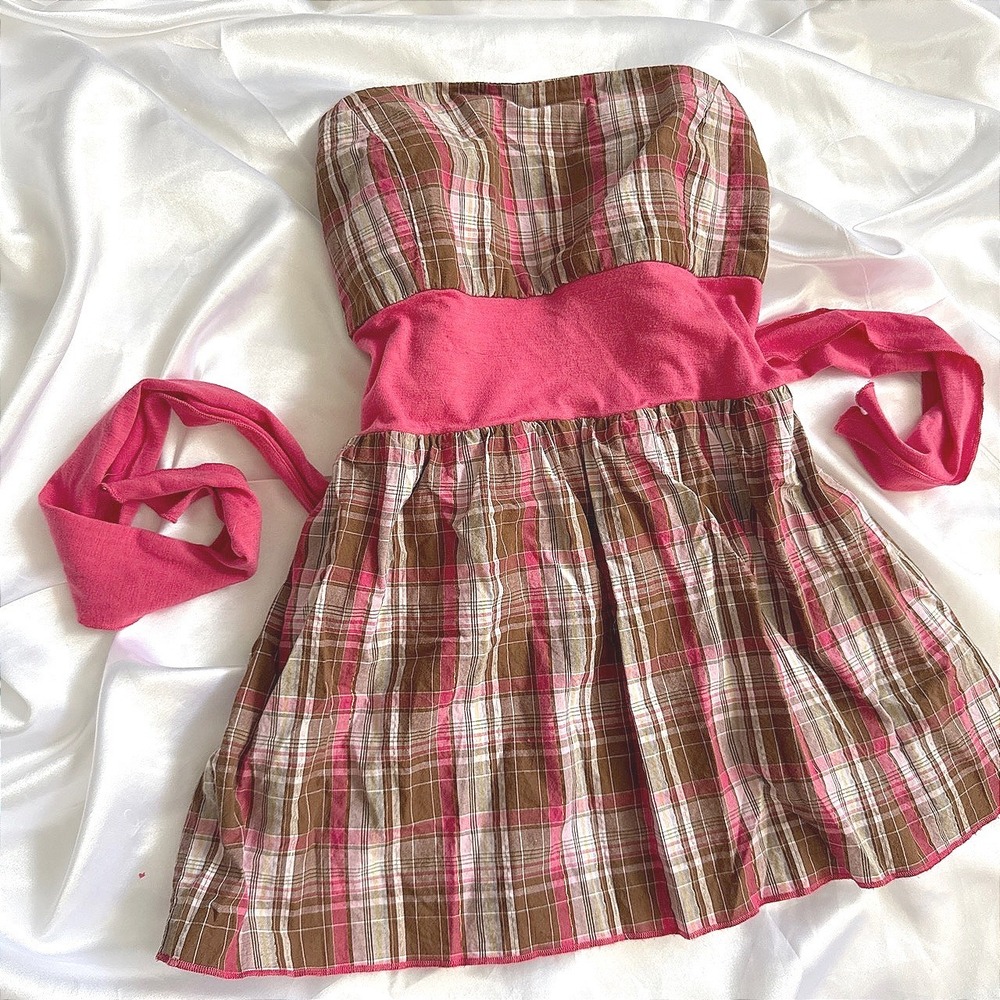 Next Era Couture Pink Brown Plaid Strapless Smocked Babydoll Tube Top Large